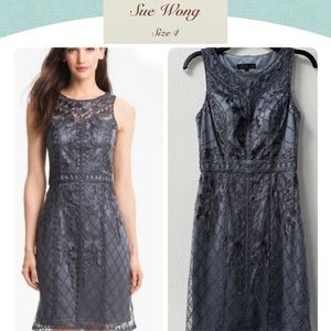 Sue Wong Embroidered Cocktail Dress Dark Gray Size 4 MSRP $498